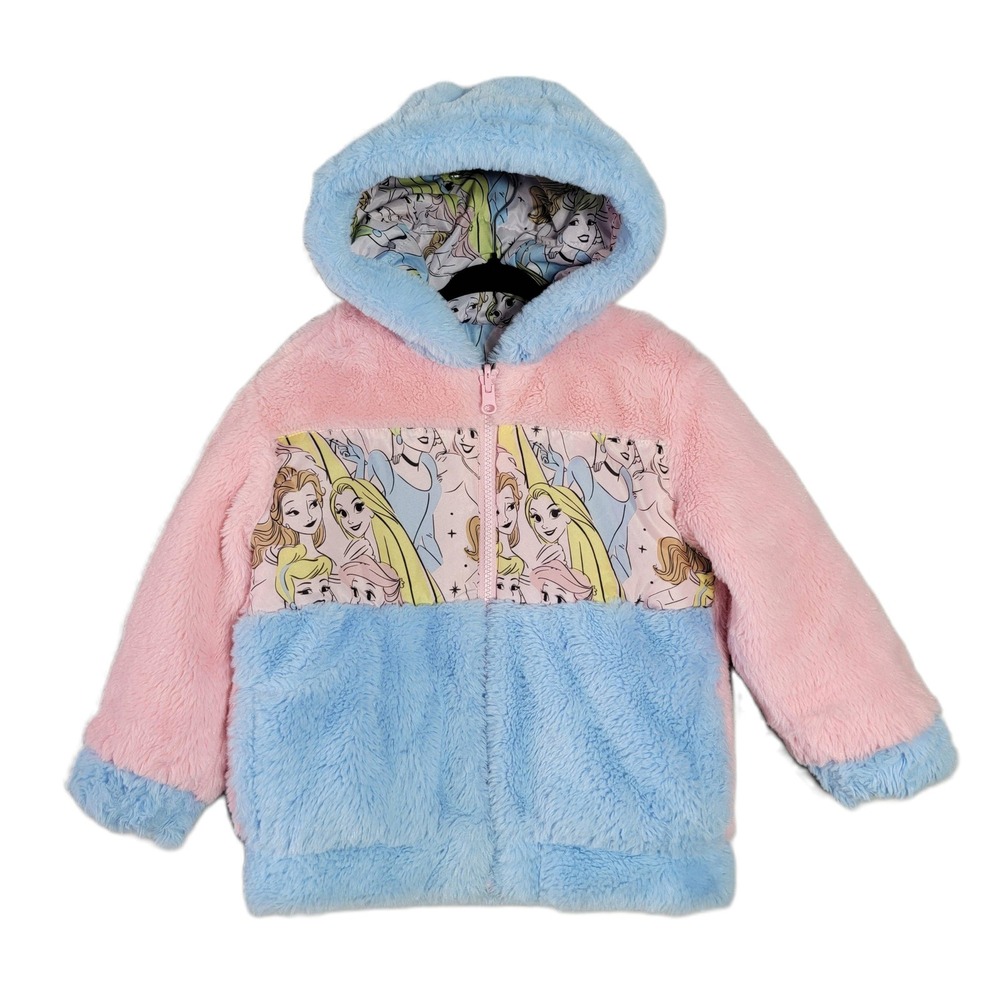 Kids Disney Princess Faux Fur Reversible Coat Size 3T Pink Blue Hooded Pockets